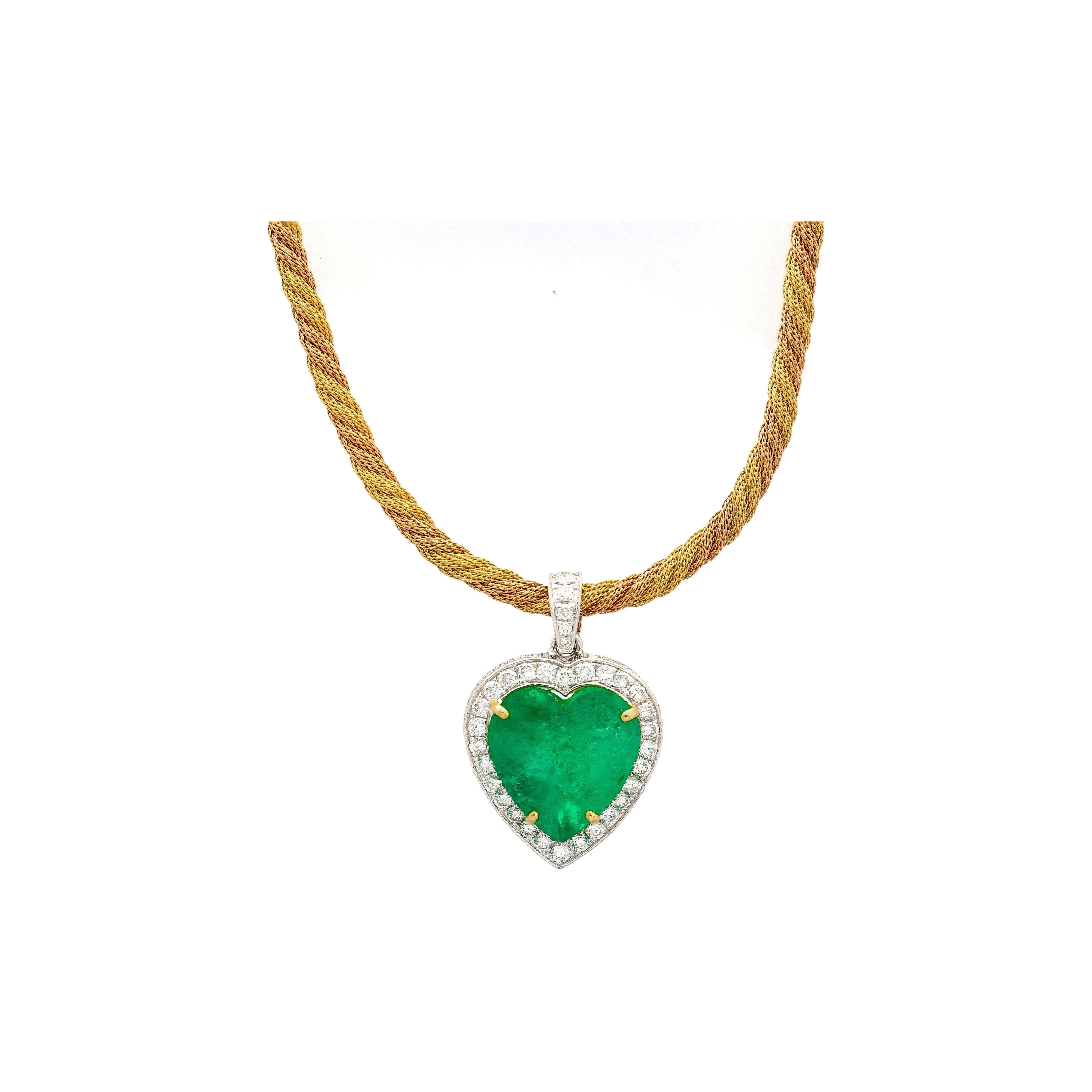 44 Carat Heart Shaped Emerald Pendant with Round Cut Diamond Halo in 18K Gold Necklace