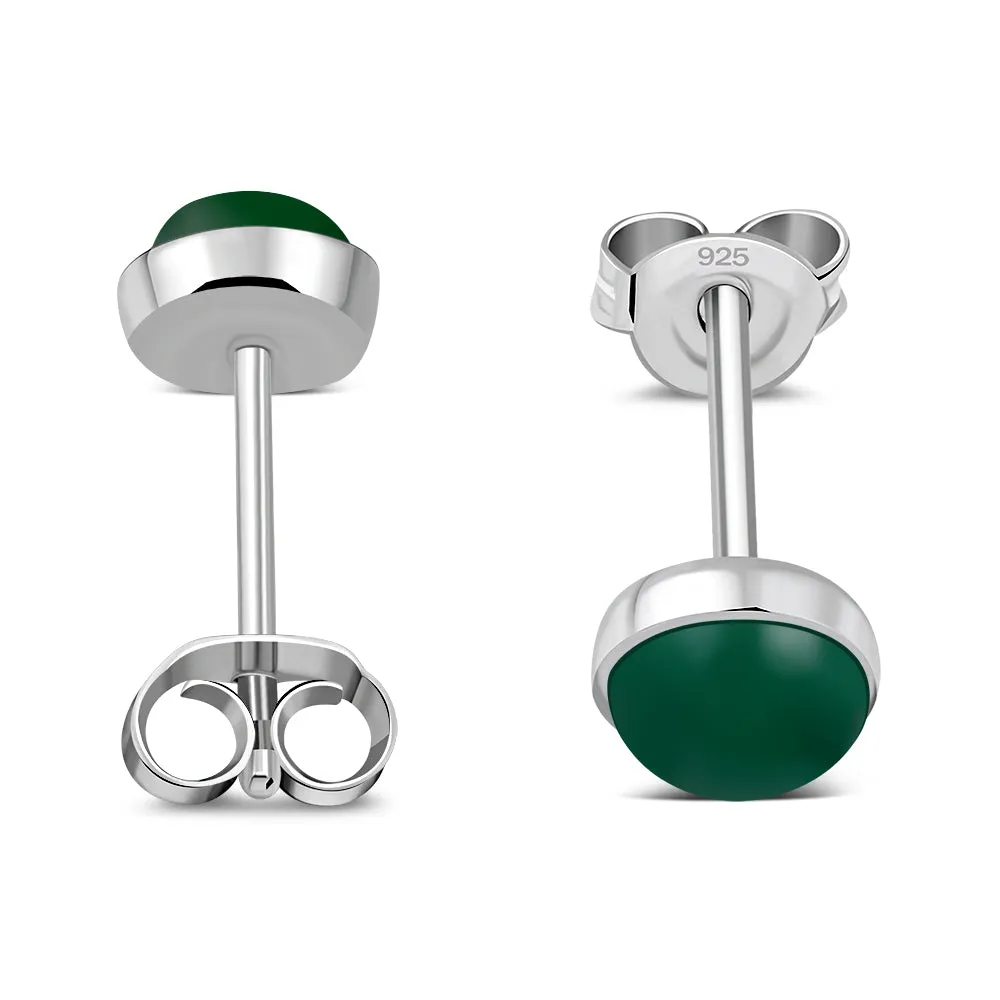 4.80mm | Green Agate Round Sterling Silver Stud Earrings