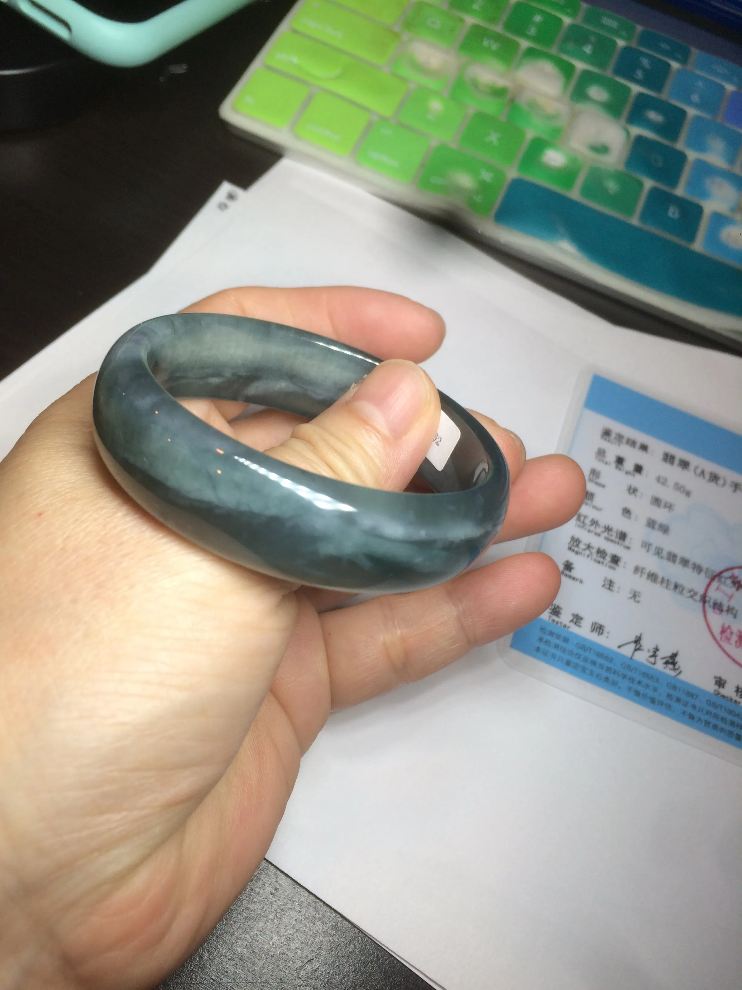 49mm Certified Type A 100% Natural icy watery deep sea green/blue/gray/white oval Guatemala Jadeite bangle F124-2262