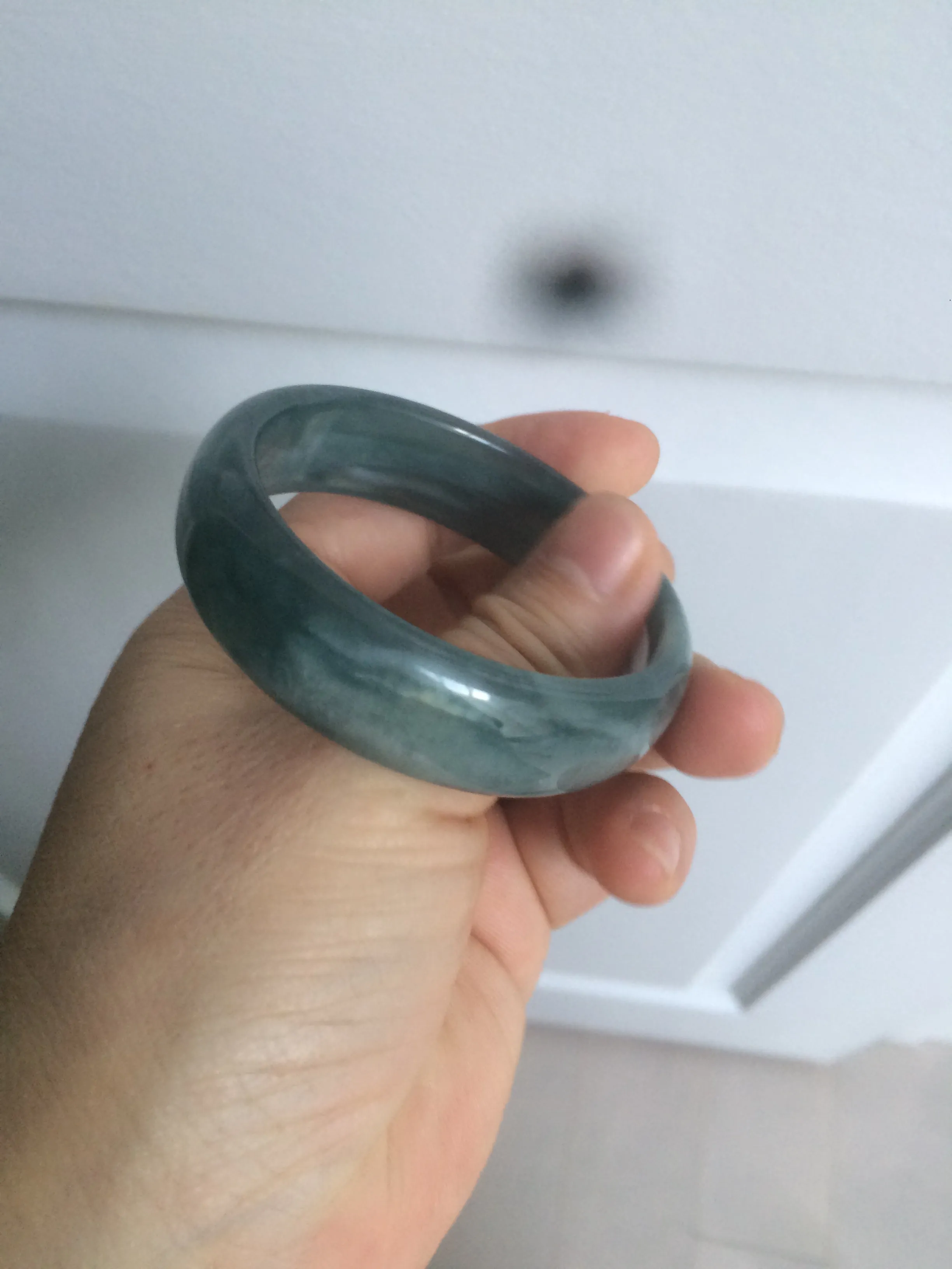 49mm Certified Type A 100% Natural icy watery deep sea green/blue/gray/white oval Guatemala Jadeite bangle F124-2262