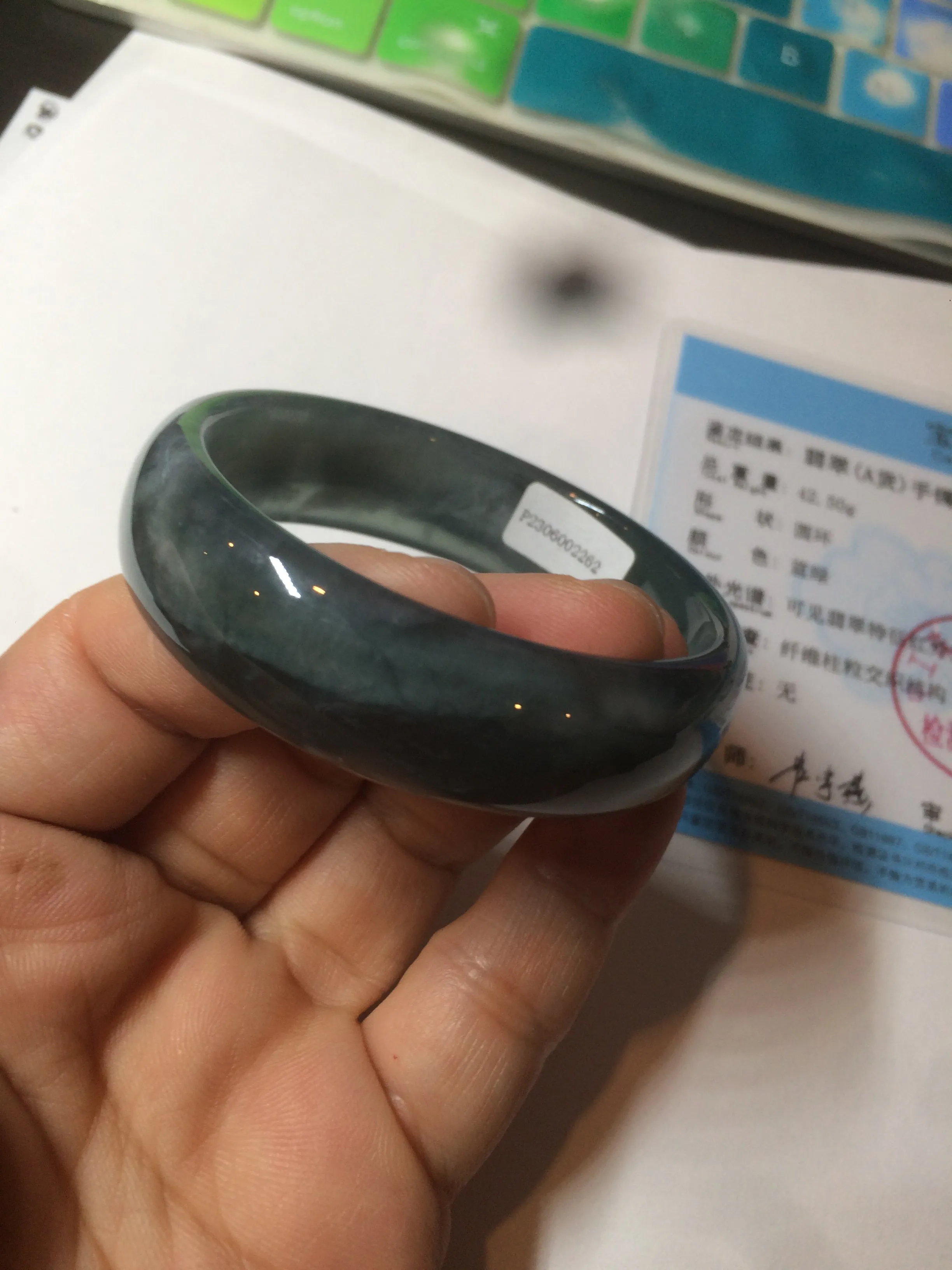 49mm Certified Type A 100% Natural icy watery deep sea green/blue/gray/white oval Guatemala Jadeite bangle F124-2262