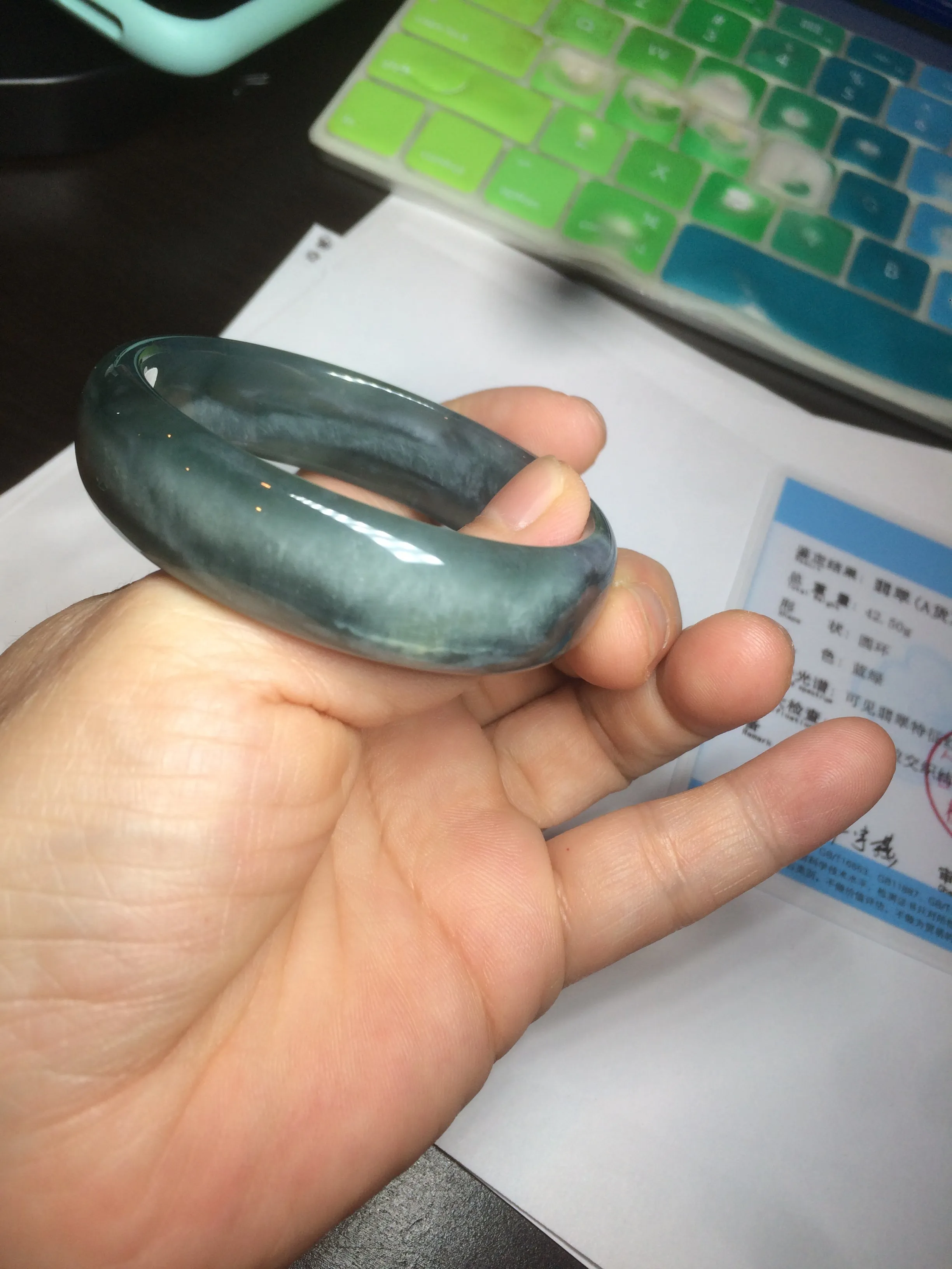 49mm Certified Type A 100% Natural icy watery deep sea green/blue/gray/white oval Guatemala Jadeite bangle F124-2262