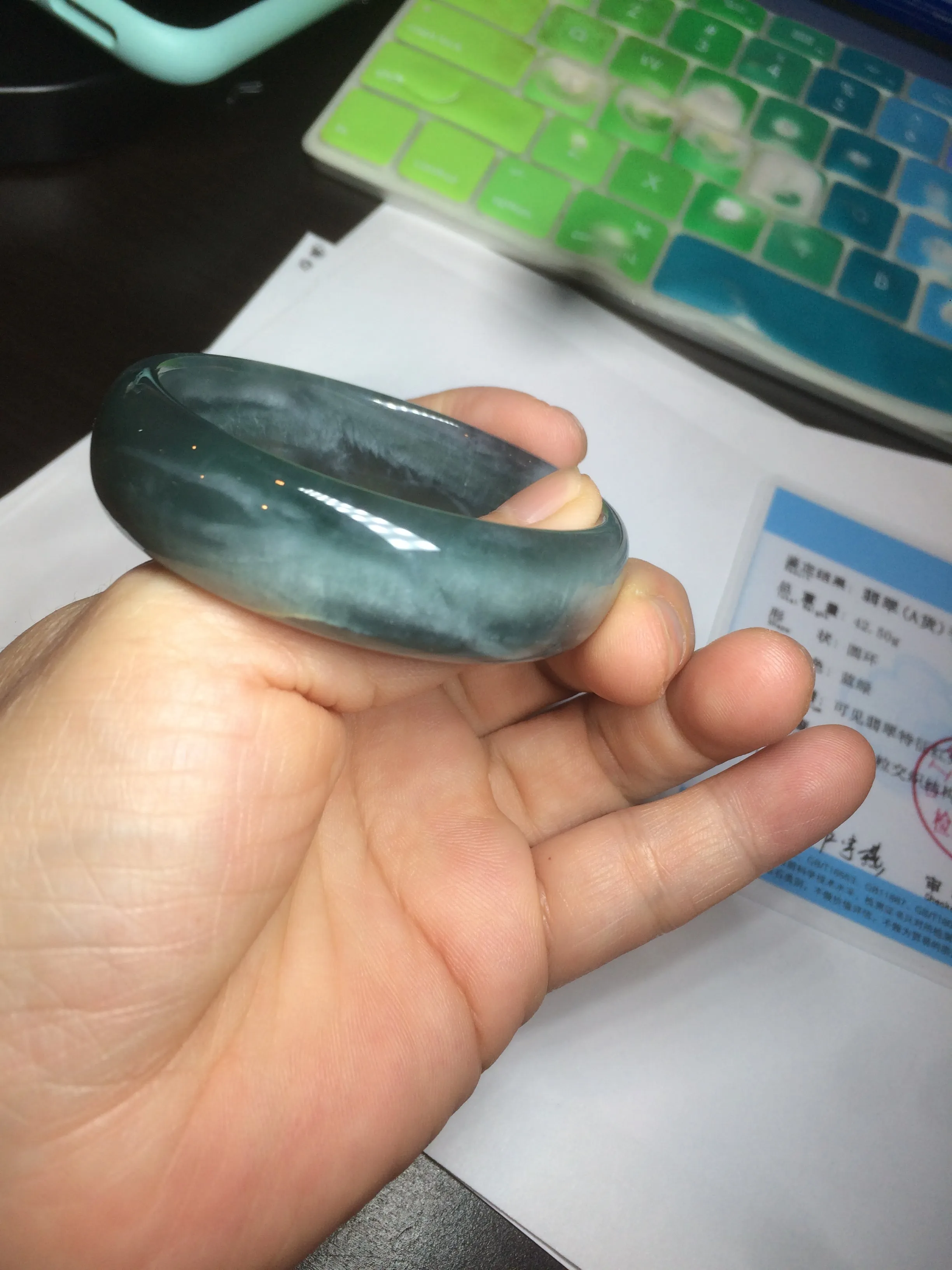 49mm Certified Type A 100% Natural icy watery deep sea green/blue/gray/white oval Guatemala Jadeite bangle F124-2262