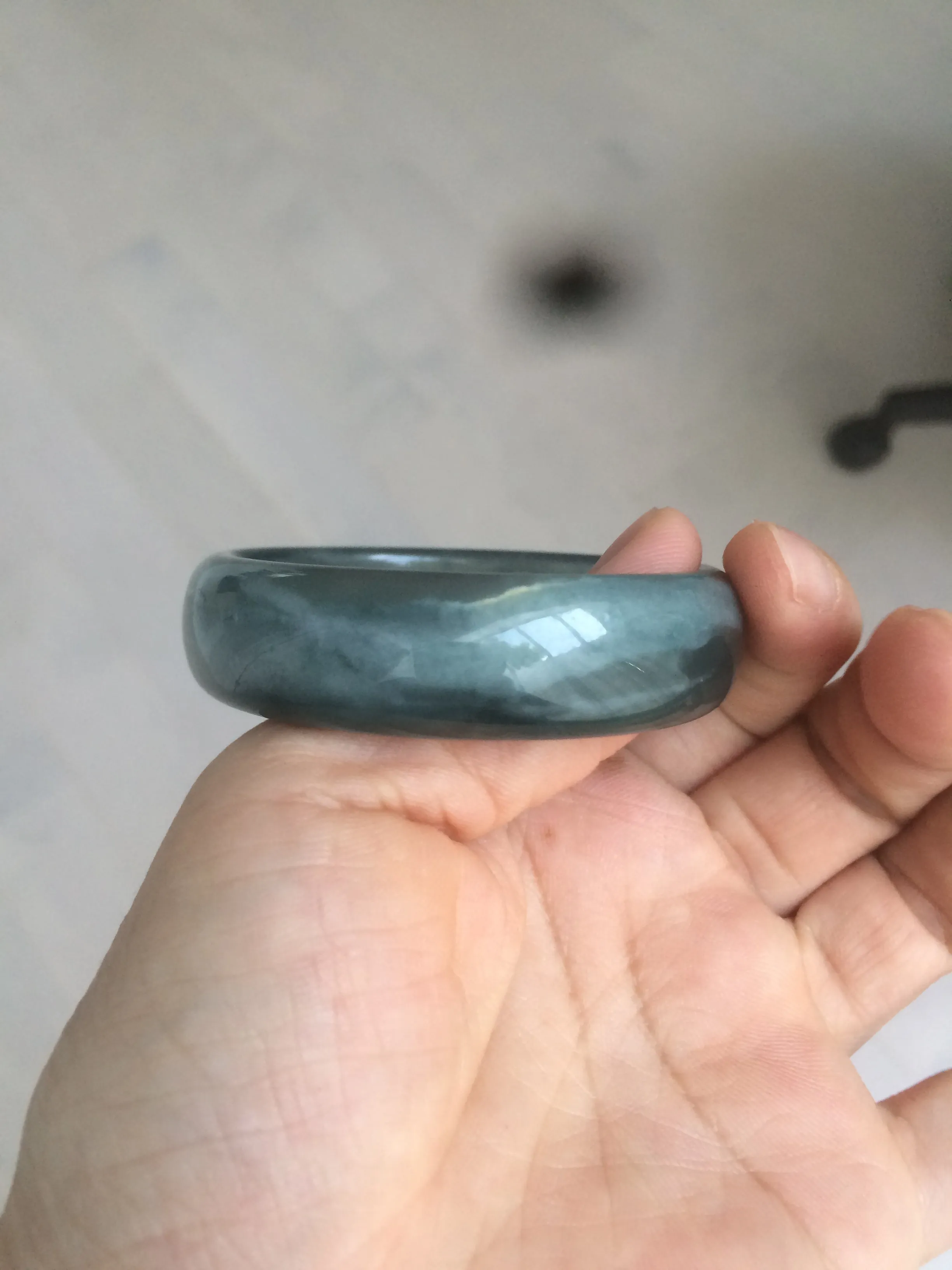 49mm Certified Type A 100% Natural icy watery deep sea green/blue/gray/white oval Guatemala Jadeite bangle F124-2262