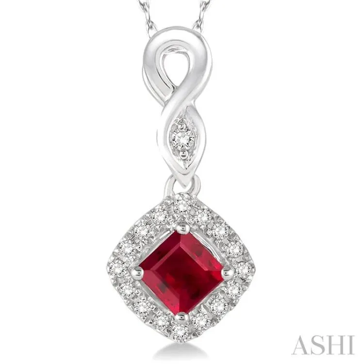 4x4 MM Cushion Cut Ruby and 1/10 Ctw Round Cut Diamond Pendant in 10K White Gold with Chain