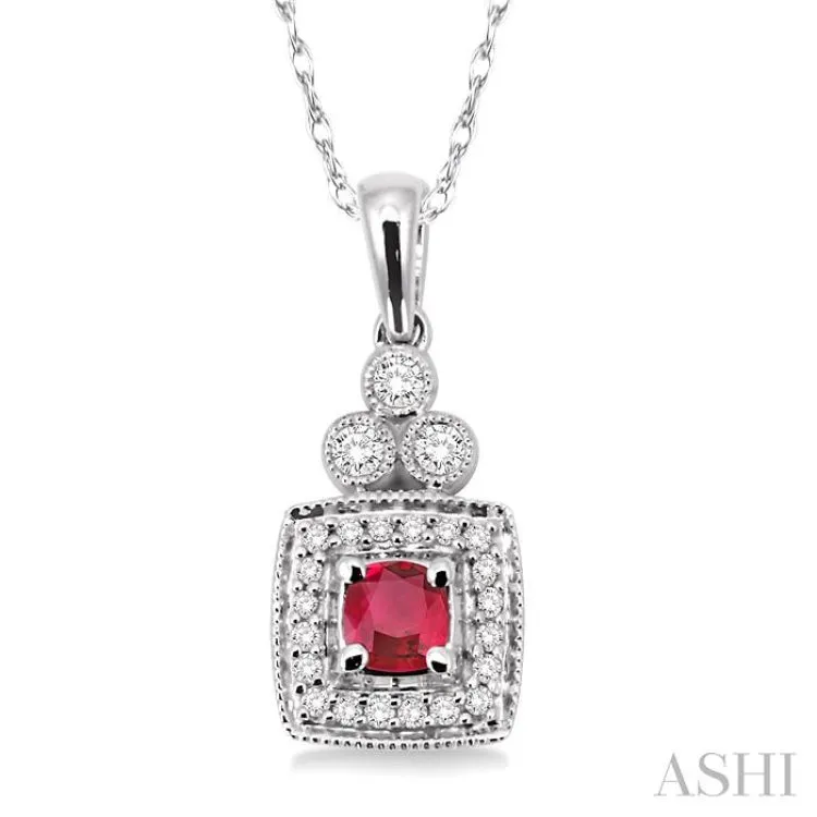 4x4 MM Cushion Shape Ruby and 1/5 Ctw Round Cut Diamond Pendant in 14K White Gold with Chain