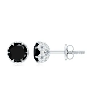 5 MM Black Diamond Solitaire and Diamond Flower Stud Earrings