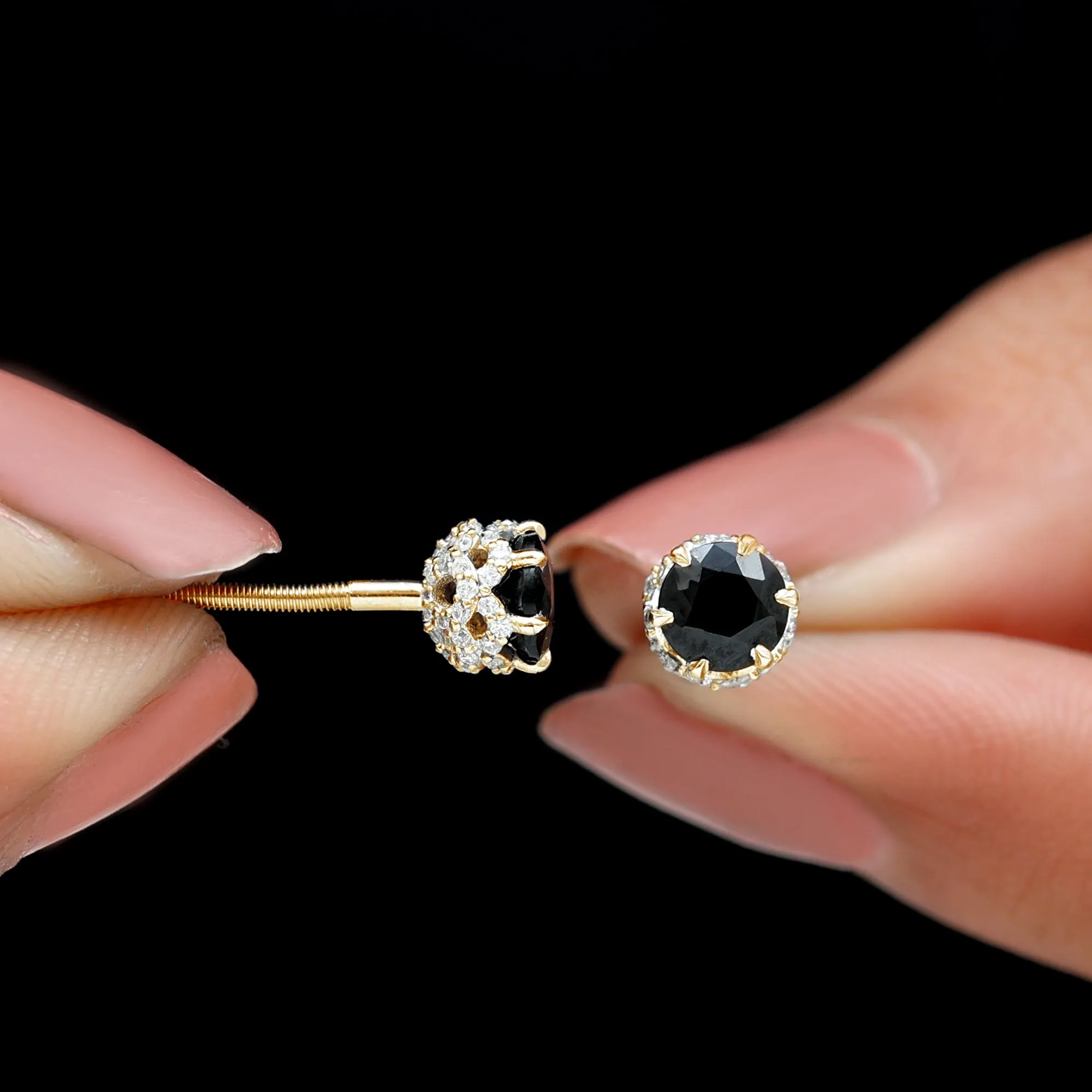 5 MM Black Diamond Solitaire and Diamond Flower Stud Earrings