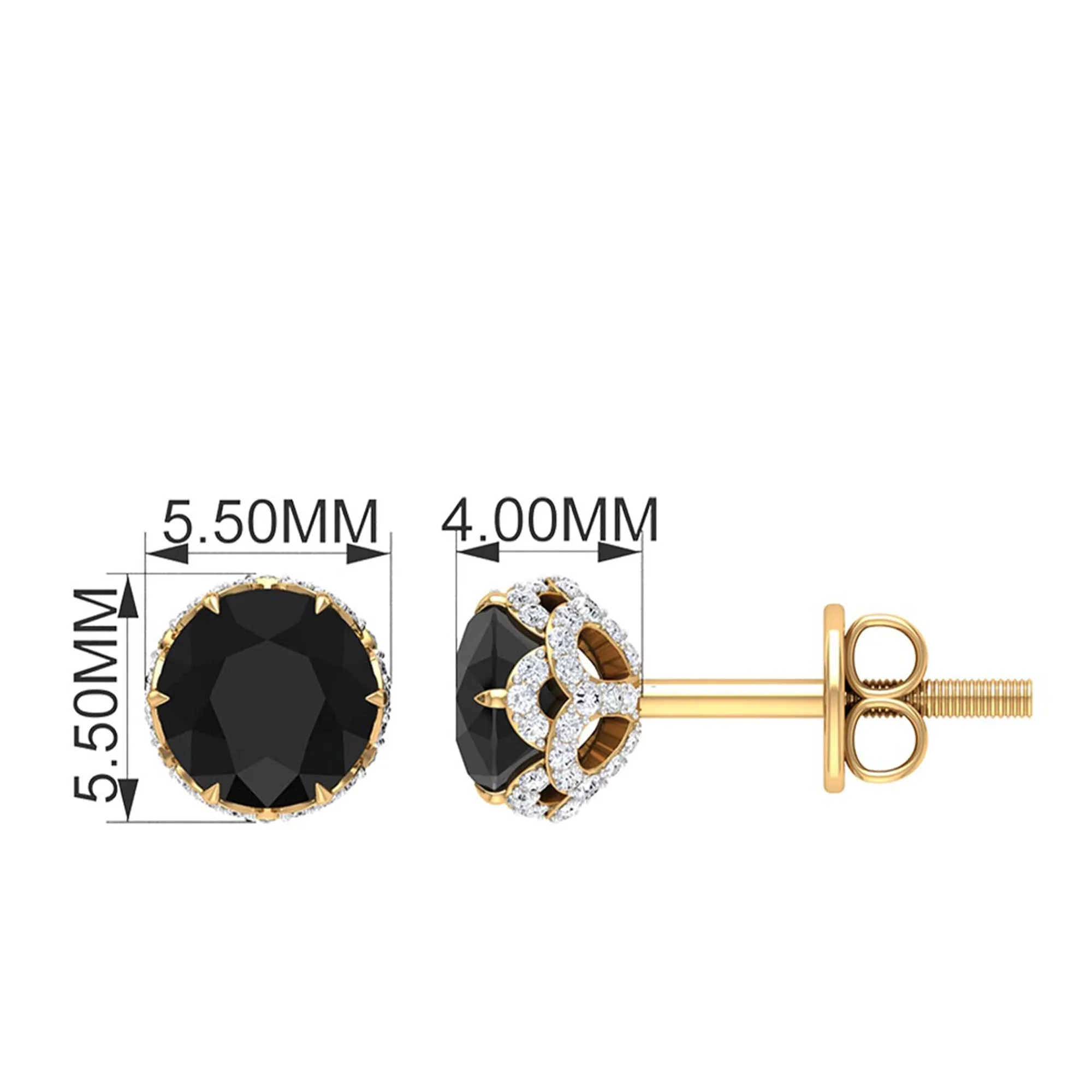 5 MM Black Diamond Solitaire and Diamond Flower Stud Earrings