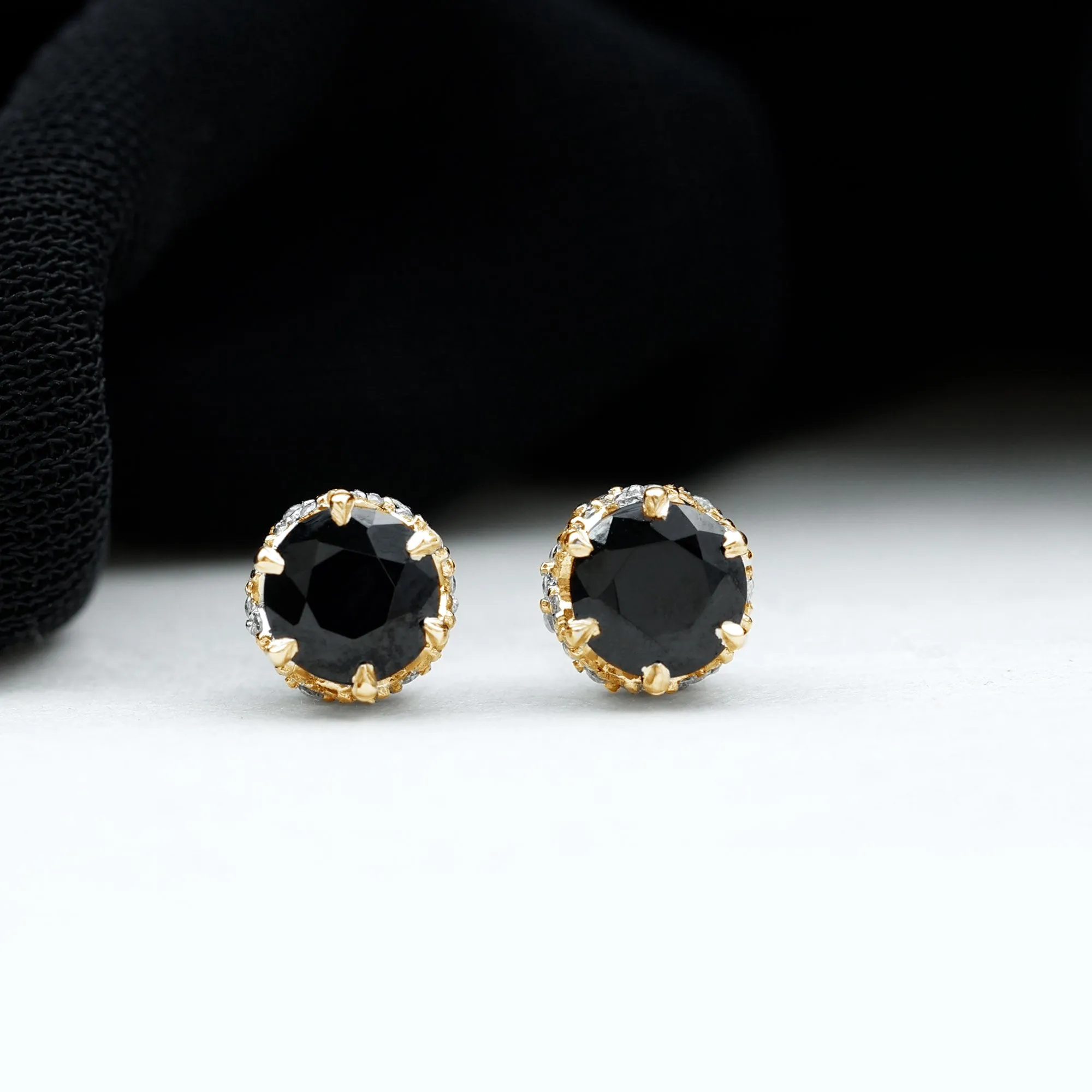 5 MM Black Diamond Solitaire and Diamond Flower Stud Earrings