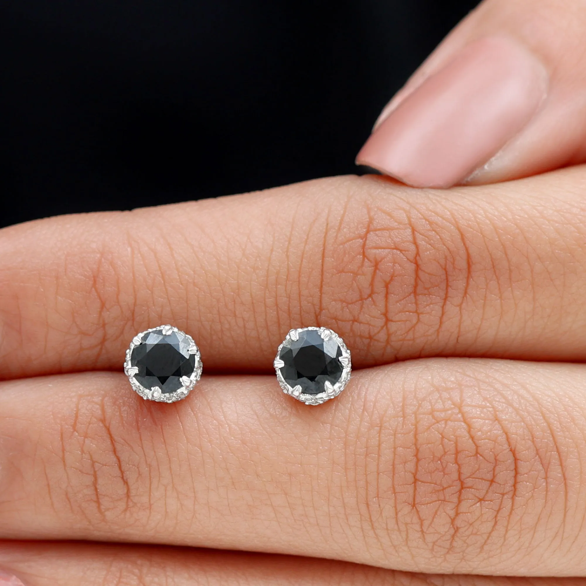 5 MM Black Diamond Solitaire and Diamond Flower Stud Earrings