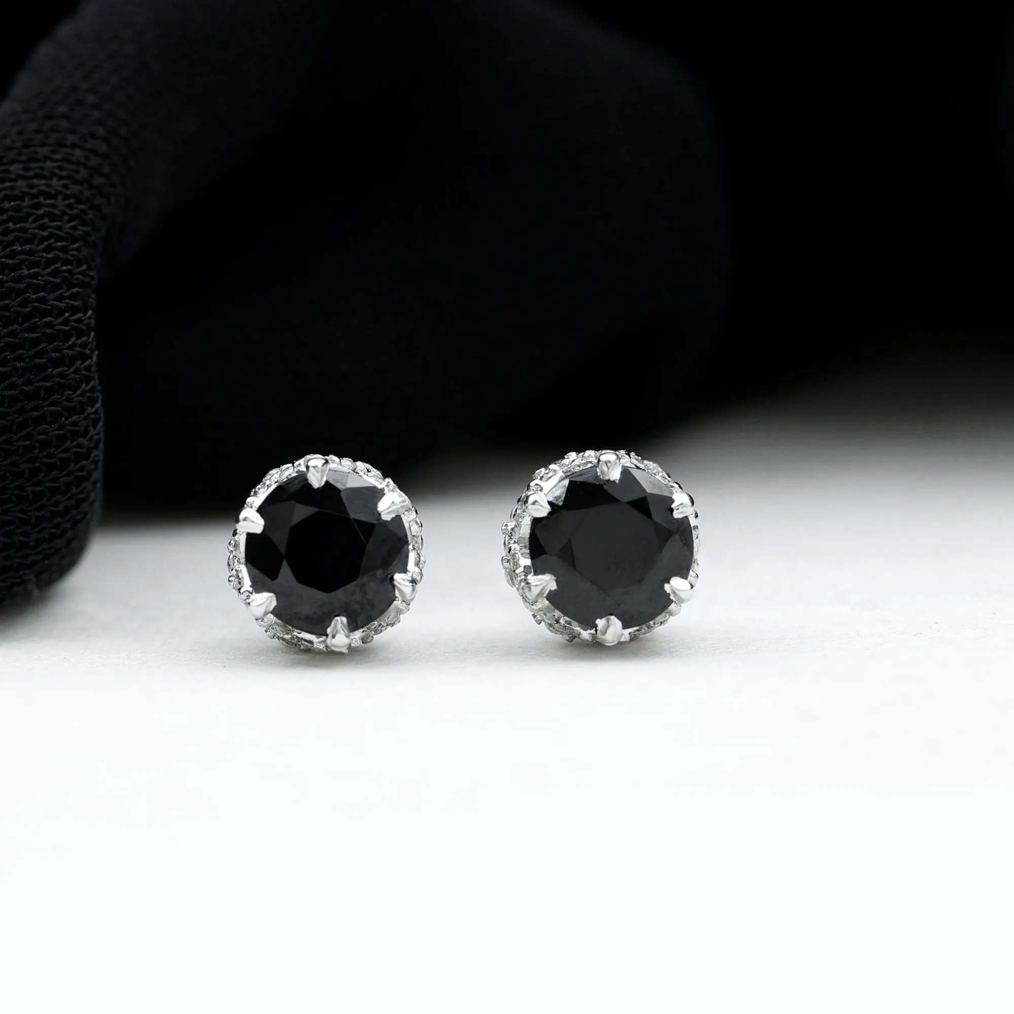 5 MM Black Diamond Solitaire and Diamond Flower Stud Earrings