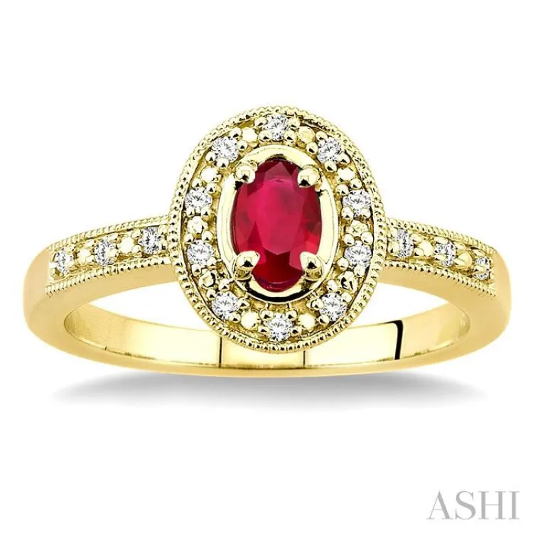 5x3 MM oval cut Ruby and 1/10 Ctw Single Cut Diamond Ring in 14K Yellow Gold.