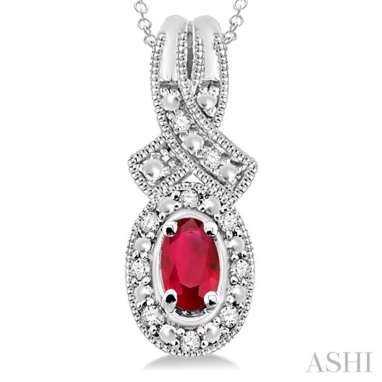 5x3 mm Oval Cut Ruby and 1/50 Ctw Single Cut Diamond Pendant in Sterling Silver with Chain