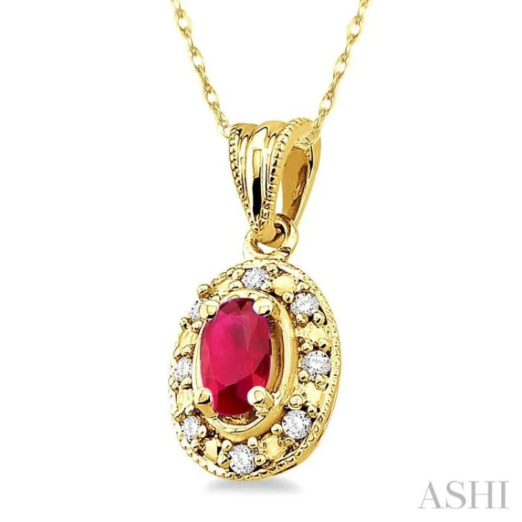 5x3 MM Oval Shape Ruby and 1/20 Ctw Single Cut Diamond Pendant in 14K Yellow Gold with Chain