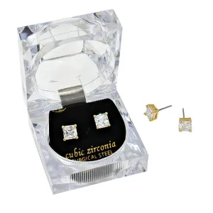 6mm Square Cut Crystal Cubic Zirconia CZ Earrings Clear Box