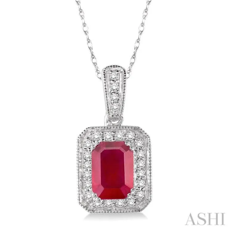 6x4  MM Emerald Shape Ruby and 1/5 Ctw Round Cut Diamond Pendant in 14K White Gold with Chain