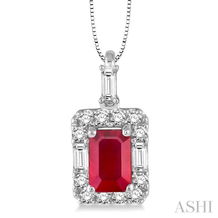 6x4 MM Octagon Cut Ruby and 1/3 Ctw Round Cut Diamond Pendant in 14K White Gold with Chain