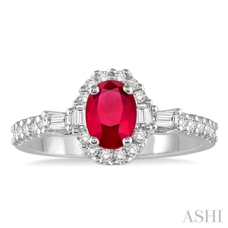 6x4 MM Oval Shape Ruby and 3/8 Ctw Diamond Ring in 14K White Gold