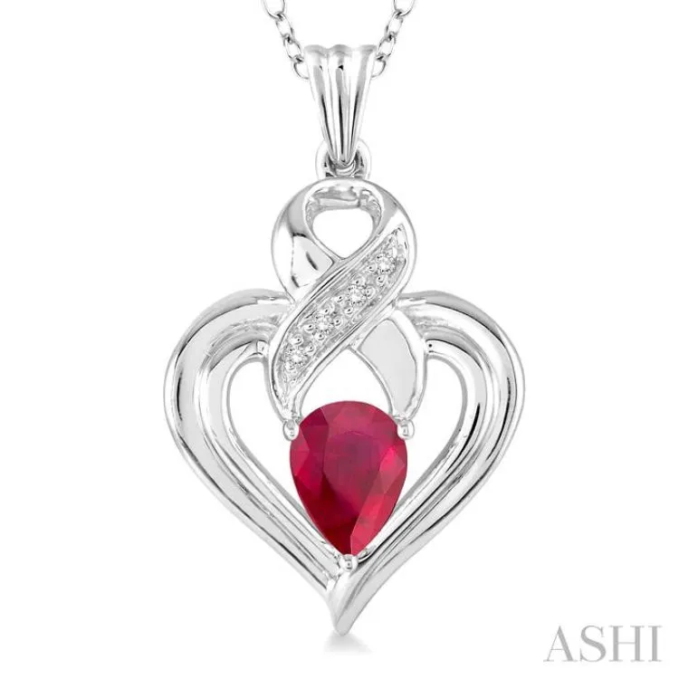 6x4  MM Pear Shape Ruby and 1/50 Ctw Single Cut Diamond Pendant in Sterling Silver with Chain