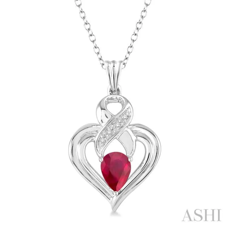 6x4  MM Pear Shape Ruby and 1/50 Ctw Single Cut Diamond Pendant in Sterling Silver with Chain