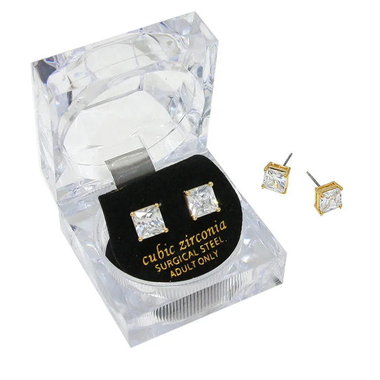 7mm Square Cut Crystal Cubic Zirconia CZ Earrings Clear Box