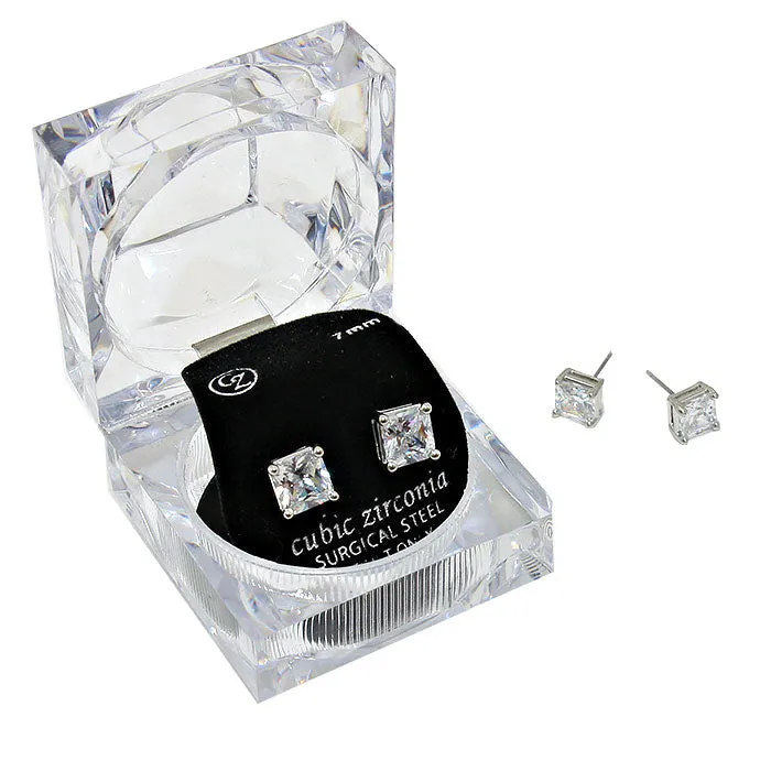 7mm Square Cut Crystal Cubic Zirconia CZ Earrings Clear Box