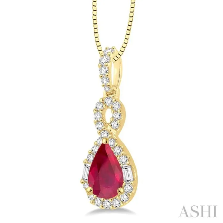 7x5 MM Pear Shape Ruby and 1/3 Ctw Diamond Pendant in 14K Yellow Gold with Chain