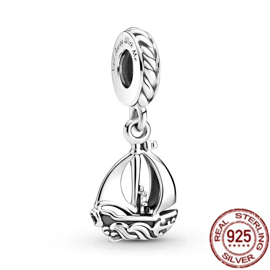 925 Sterling Silver Lnterlocking Hearts And Sail Boat Dangle Charm Beads Fit Original Pandora Bracelet Necklace DIY Jewelry Gift