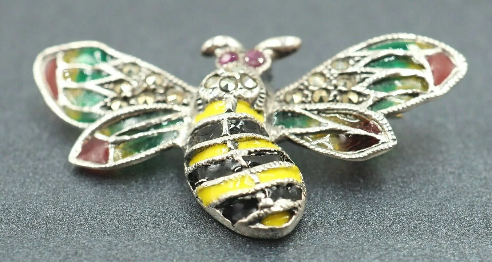 925 Sterling Silver Ruby, Marcasite & Enamel Bumble Bee Brooch