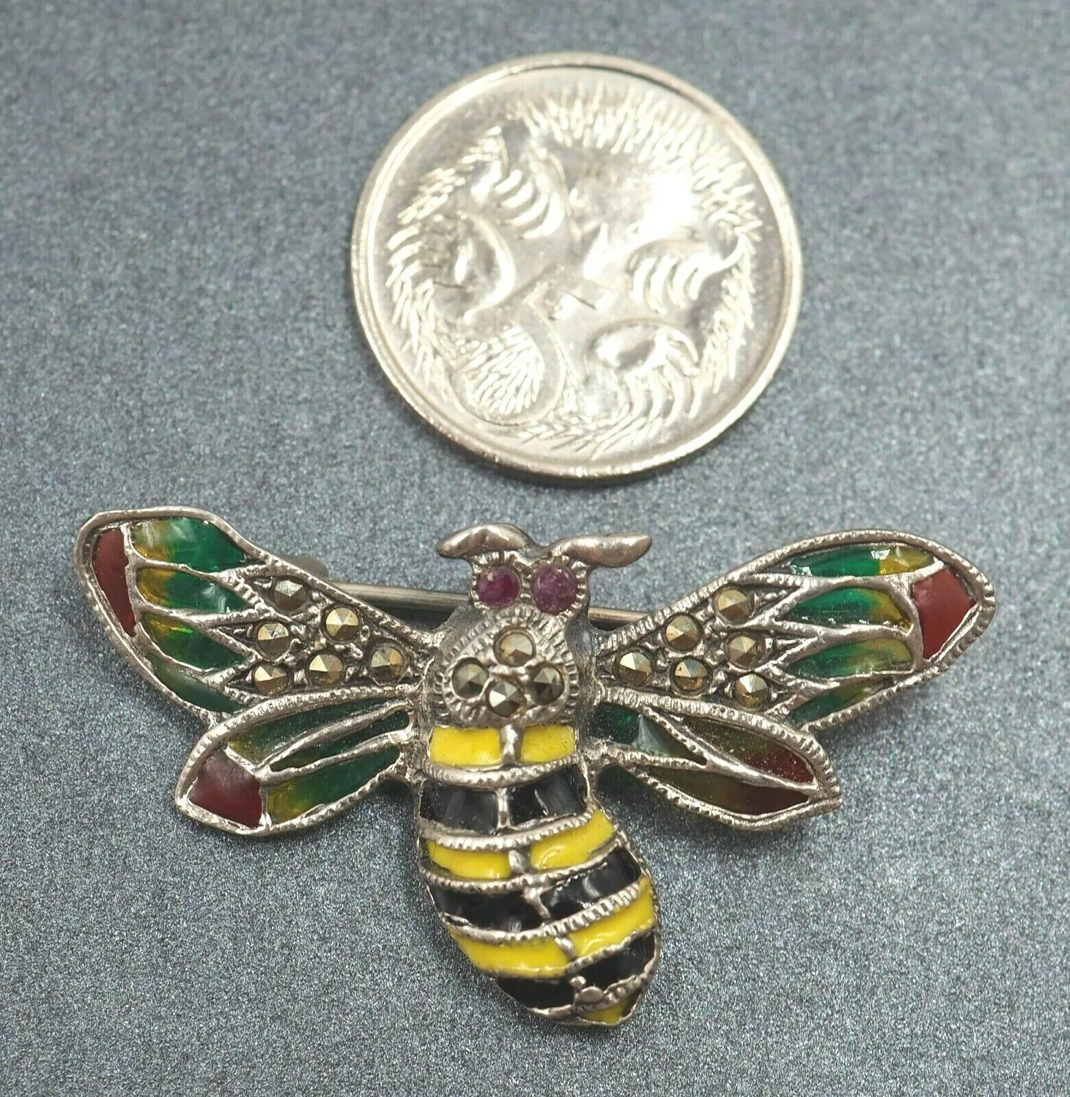 925 Sterling Silver Ruby, Marcasite & Enamel Bumble Bee Brooch