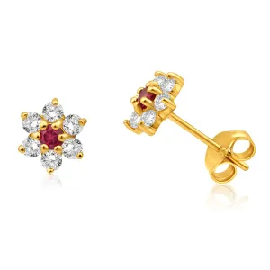 9ct Alluring Yellow Gold Created Ruby   Cubic Zirconia Stud Earrings