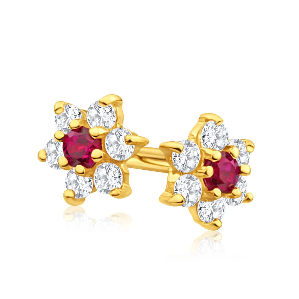 9ct Alluring Yellow Gold Created Ruby   Cubic Zirconia Stud Earrings