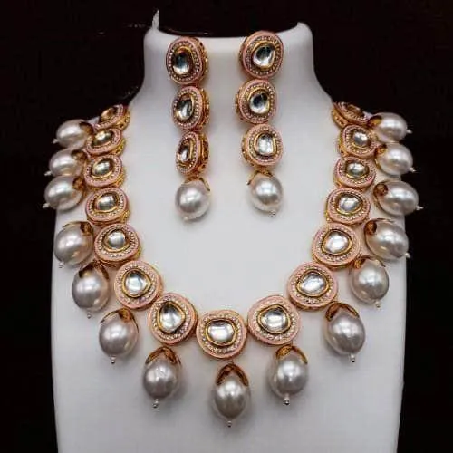 Ad Meena Kundan Pearls Necklace And Earring Set