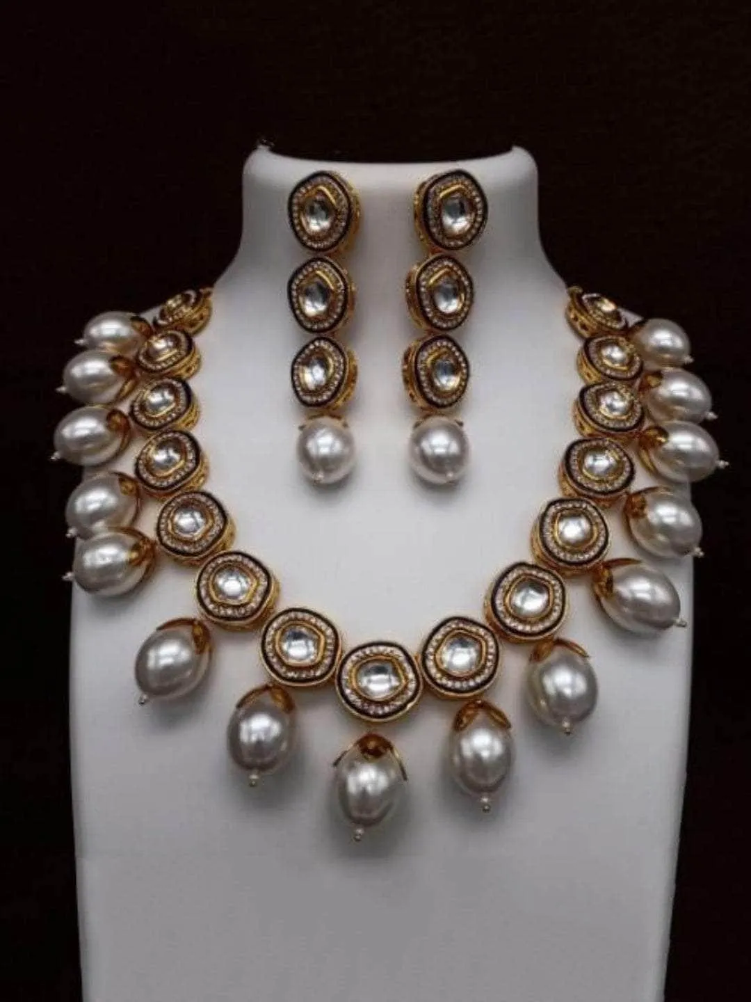 Ad Meena Kundan Pearls Necklace And Earring Set