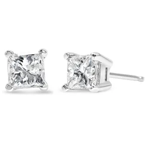 AGS Certified Princess-Cut Square Diamond 4-Prong Solitaire Stud Earrings in 14K Gold (H-I Color, I1-I2 Clarity)