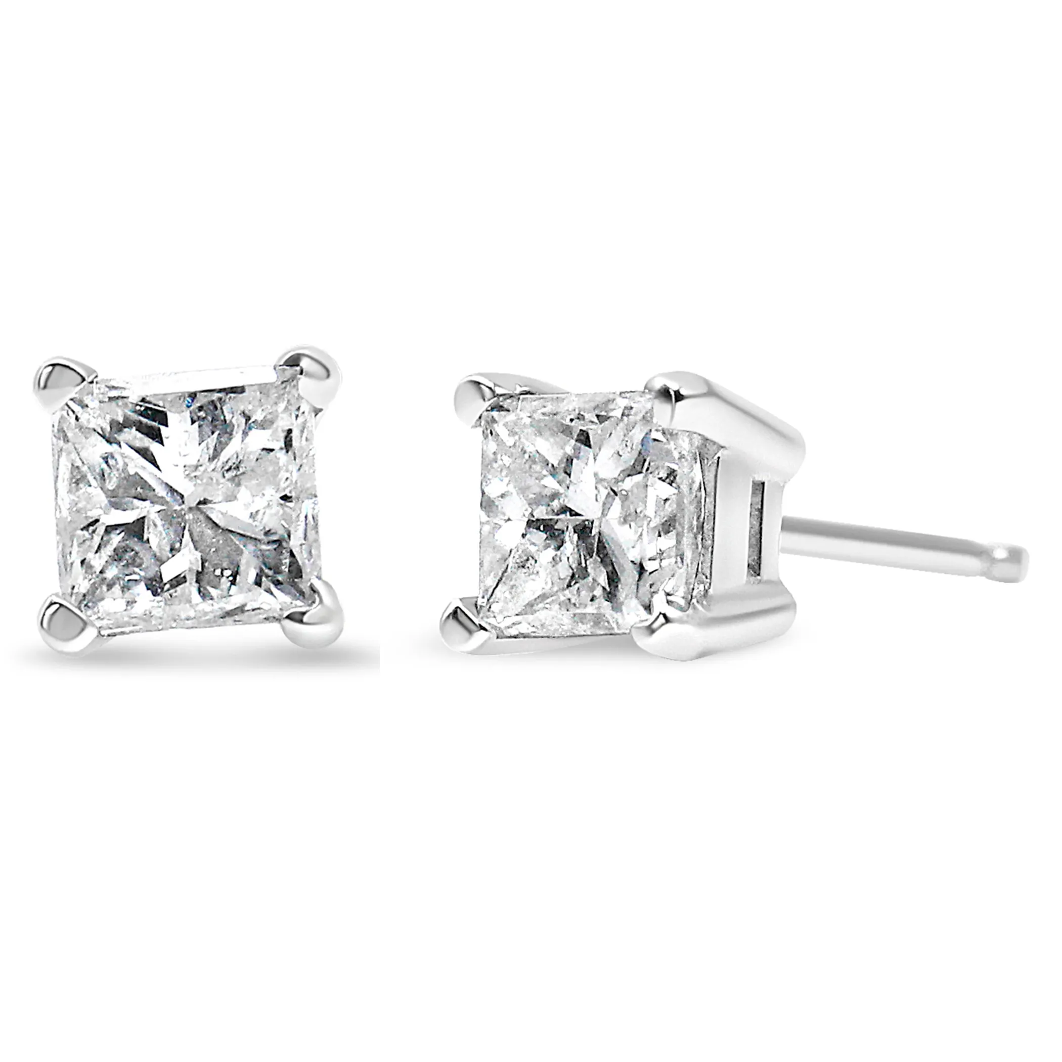 AGS Certified Princess-Cut Square Diamond 4-Prong Solitaire Stud Earrings in 14K Gold (H-I Color, I1-I2 Clarity)