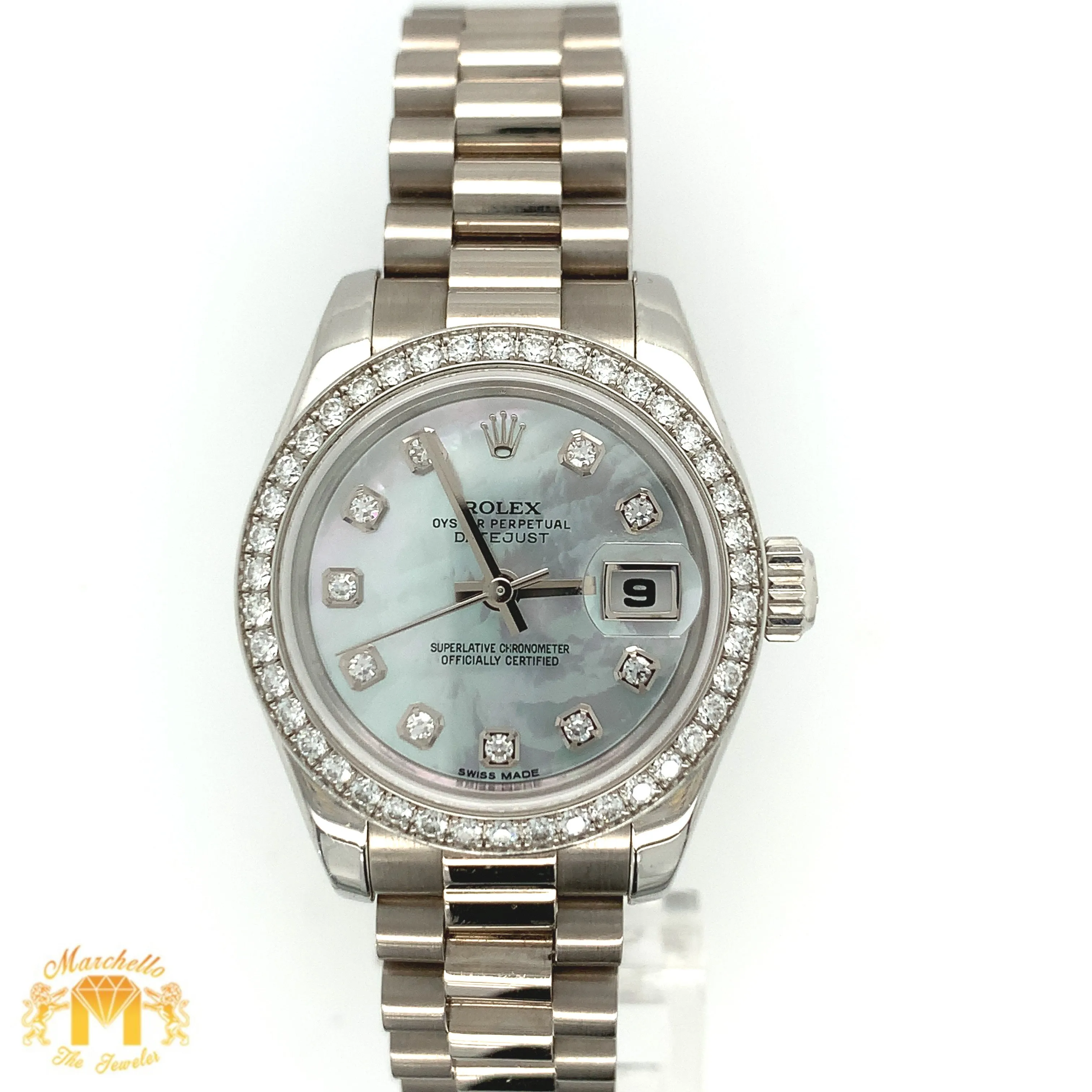 All Factory Platinum and Diamond 26mm Ladies’ Rolex Datejust Watch (papers, grey diamond dial)