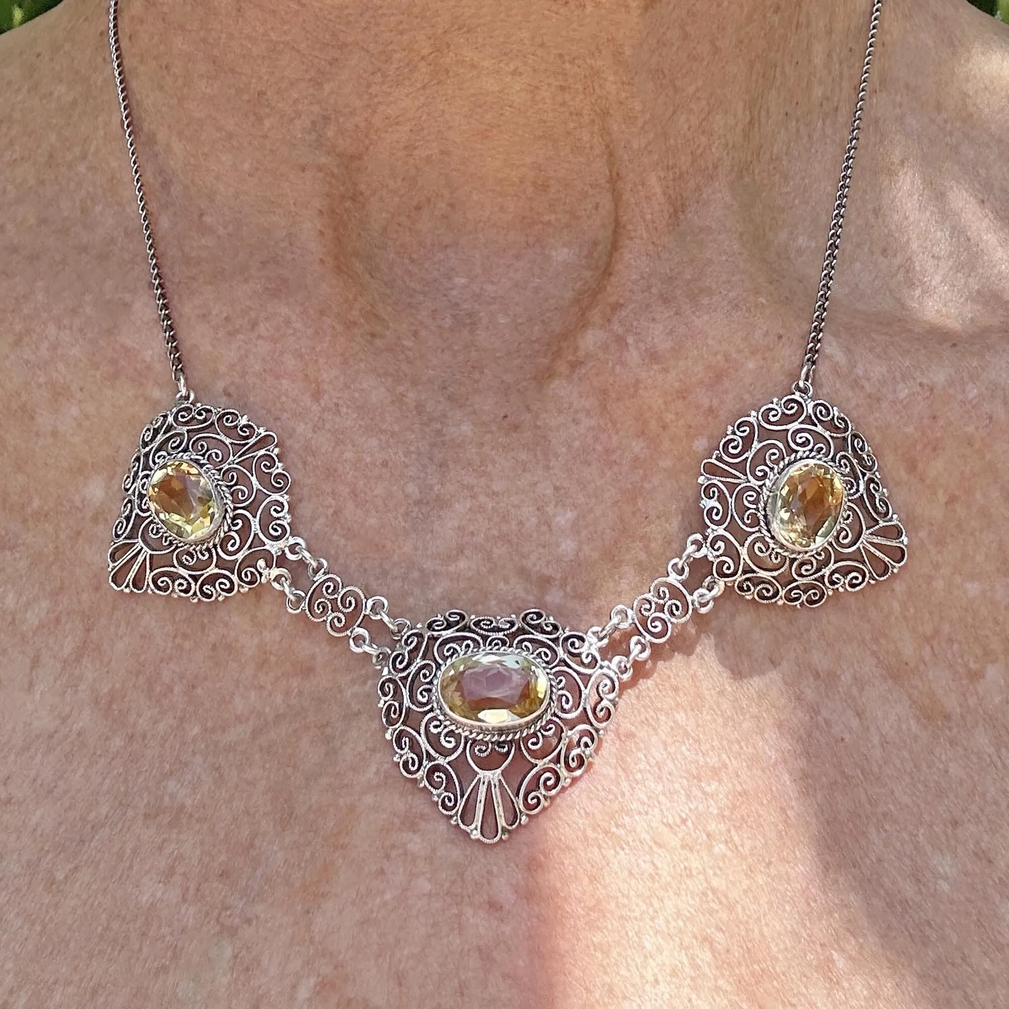 Antique Silver Filigree 10 CTW Citrine Necklace