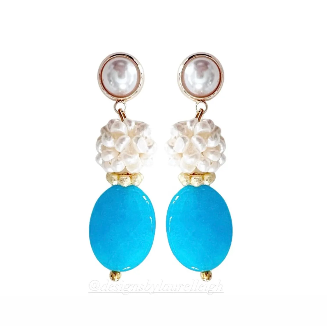 Aqua Gemstone Pearl Cluster Earrings