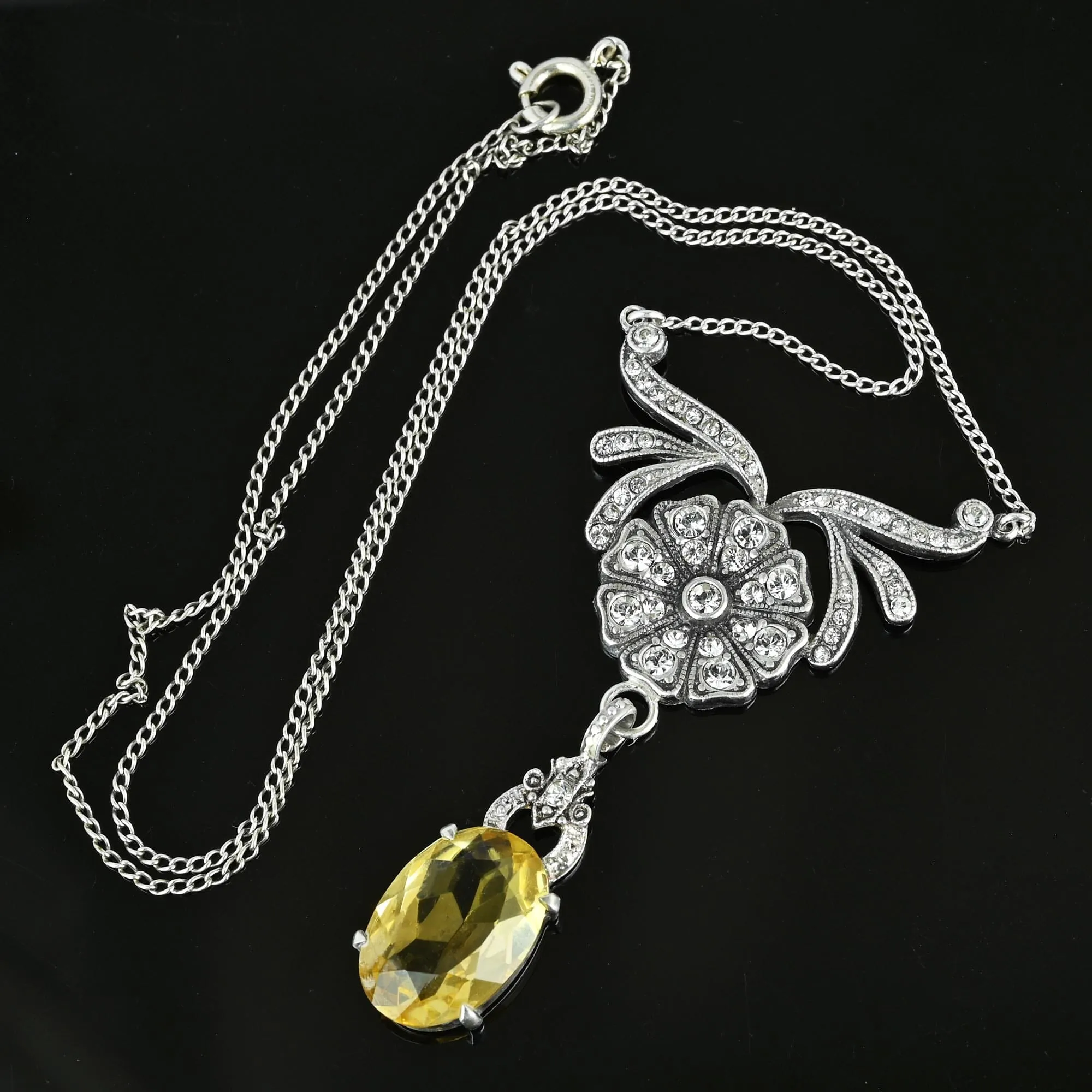 Art Deco Diamond Paste Flower Citrine Pendant Necklace