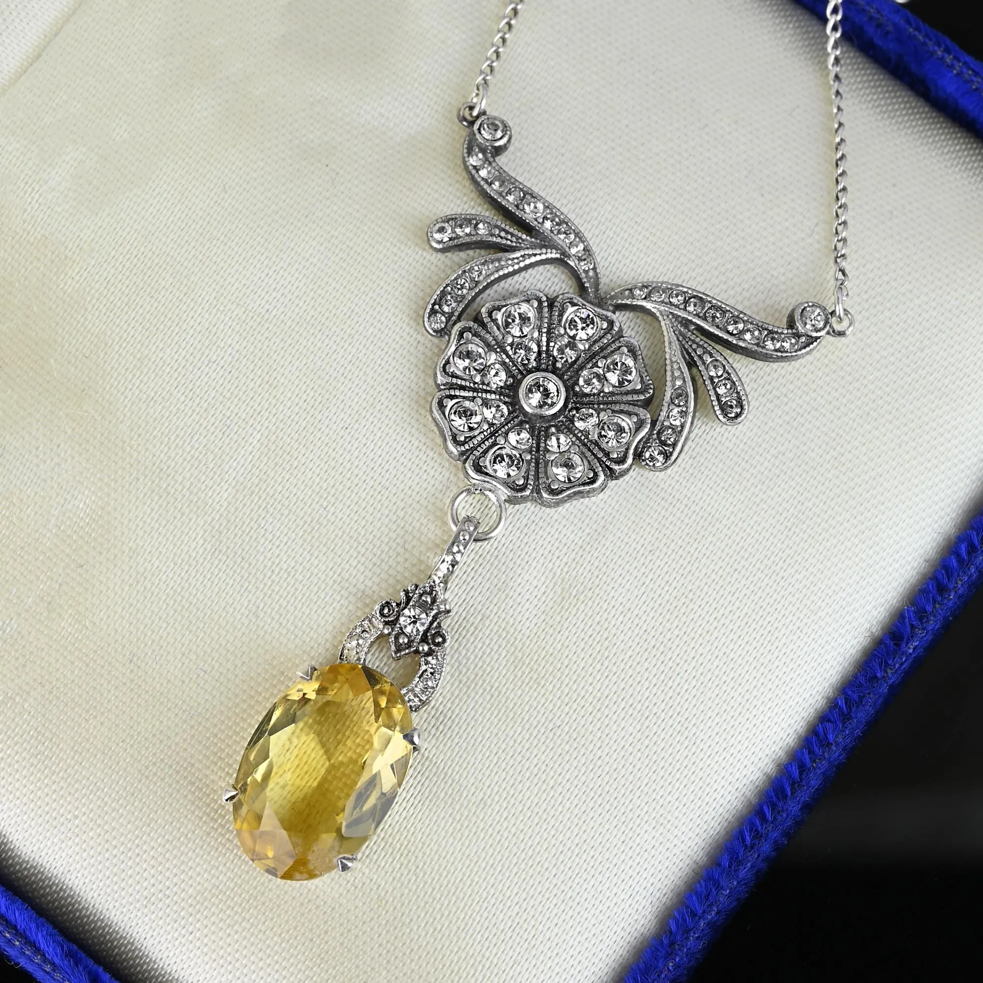 Art Deco Diamond Paste Flower Citrine Pendant Necklace