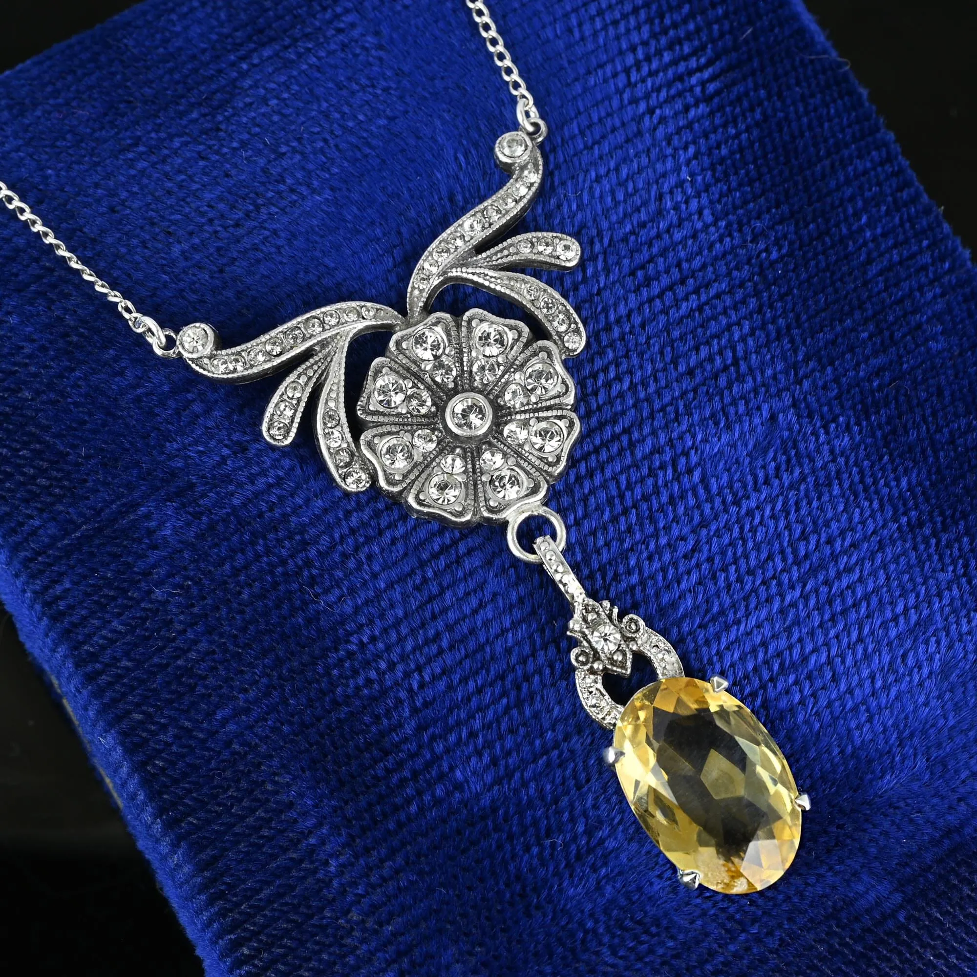 Art Deco Diamond Paste Flower Citrine Pendant Necklace