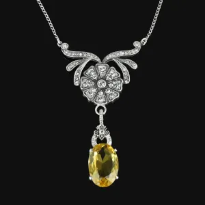 Art Deco Diamond Paste Flower Citrine Pendant Necklace