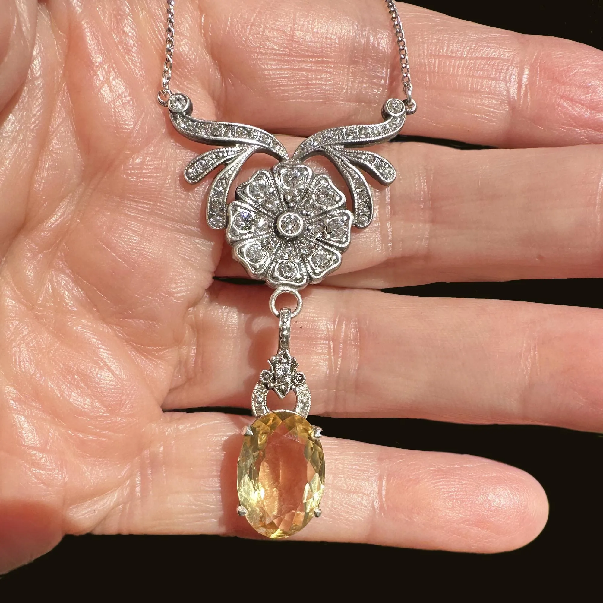 Art Deco Diamond Paste Flower Citrine Pendant Necklace