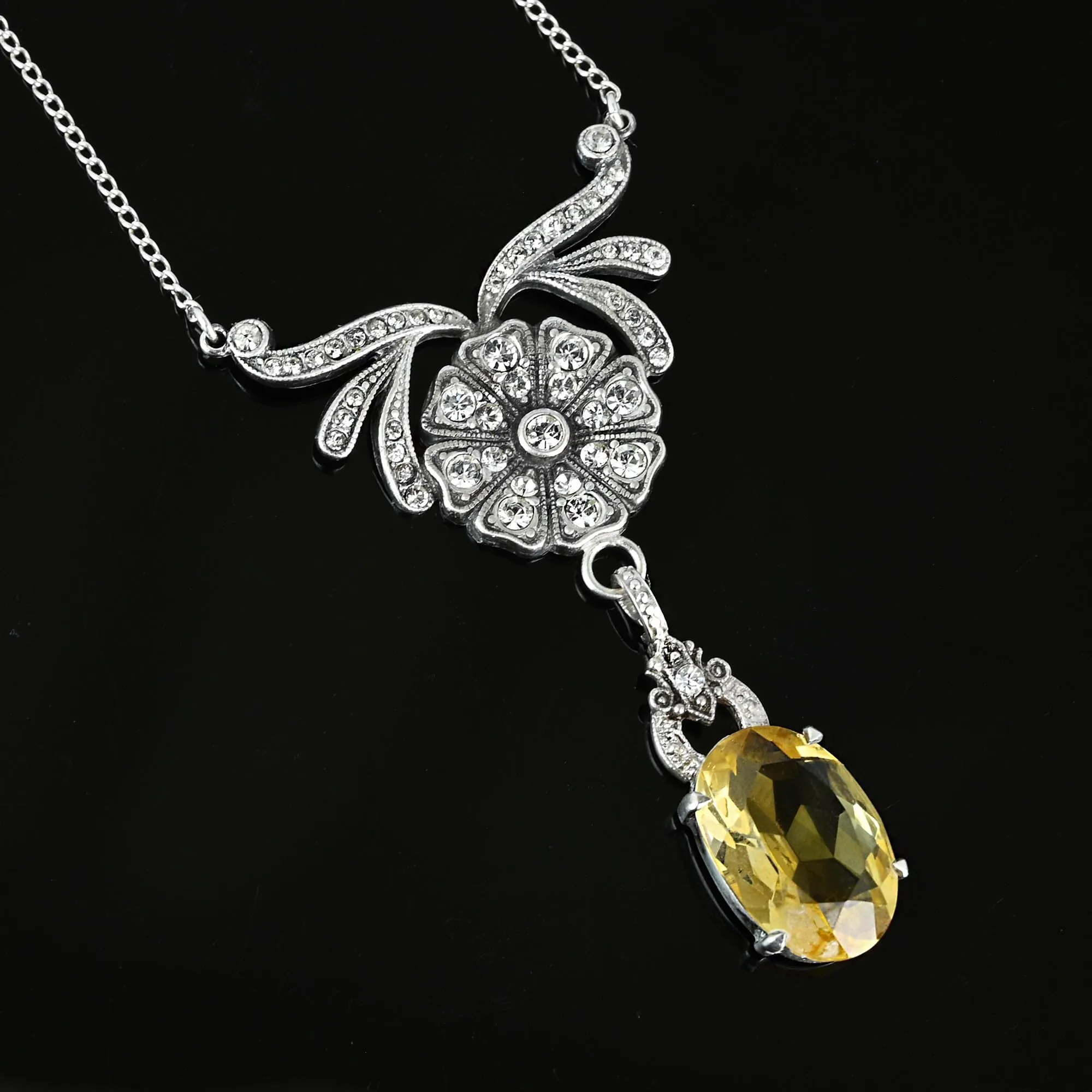 Art Deco Diamond Paste Flower Citrine Pendant Necklace