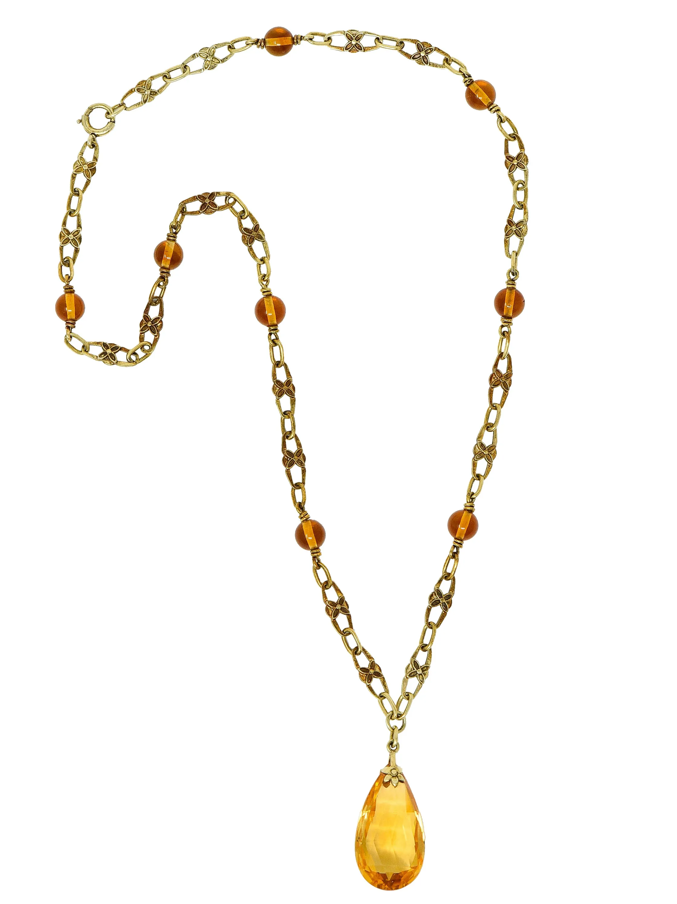 Art Nouveau Citrine 14 Karat Gold Floral Drop Necklace