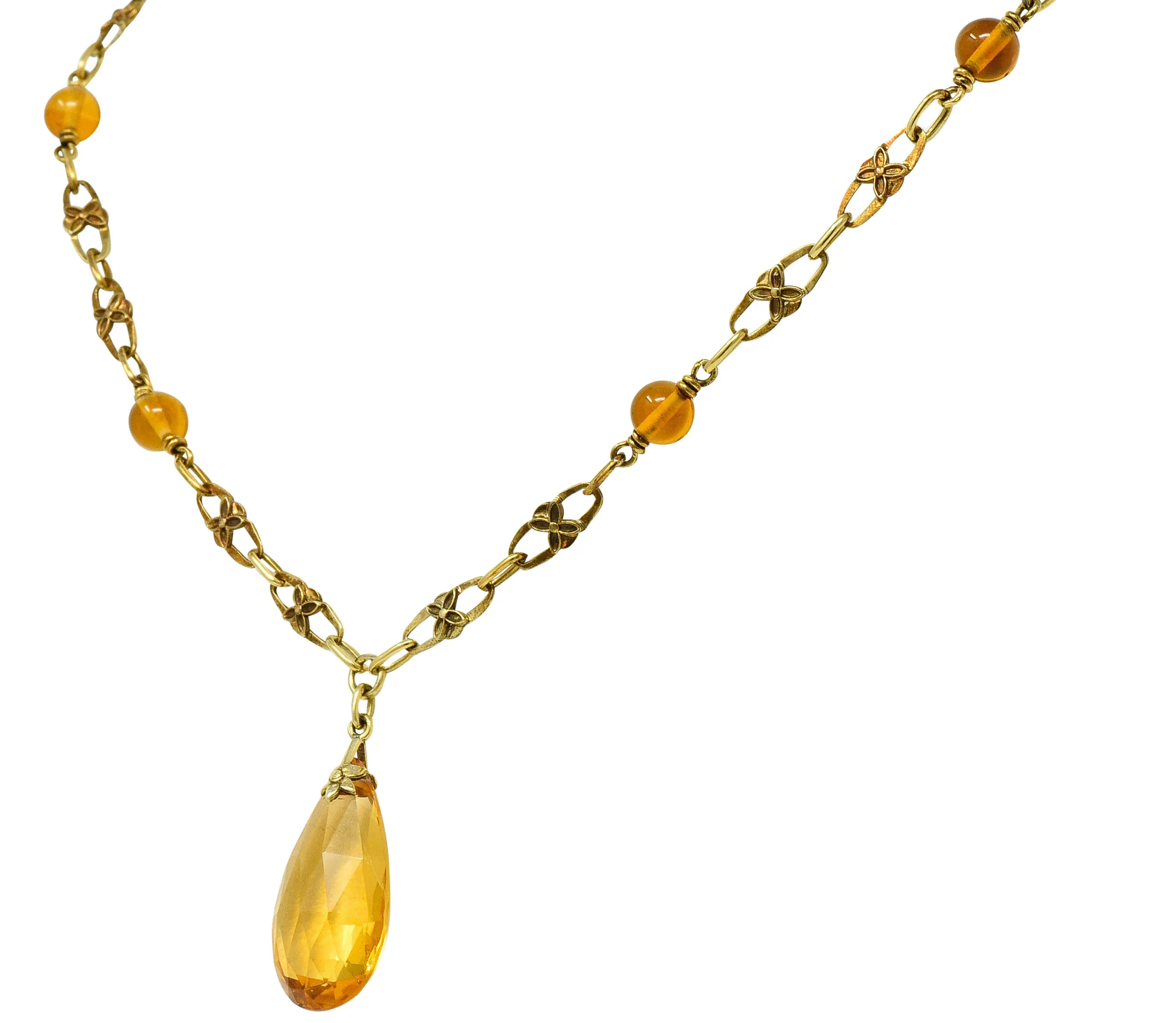 Art Nouveau Citrine 14 Karat Gold Floral Drop Necklace