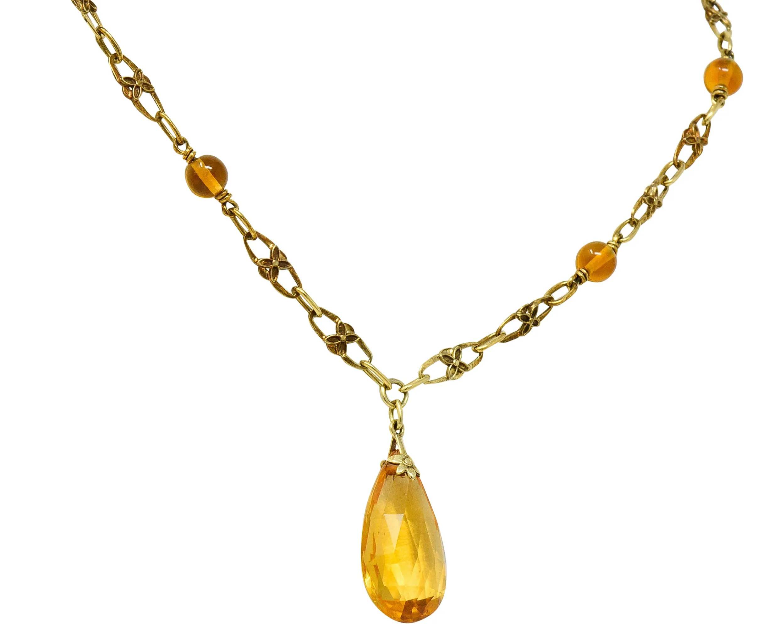 Art Nouveau Citrine 14 Karat Gold Floral Drop Necklace