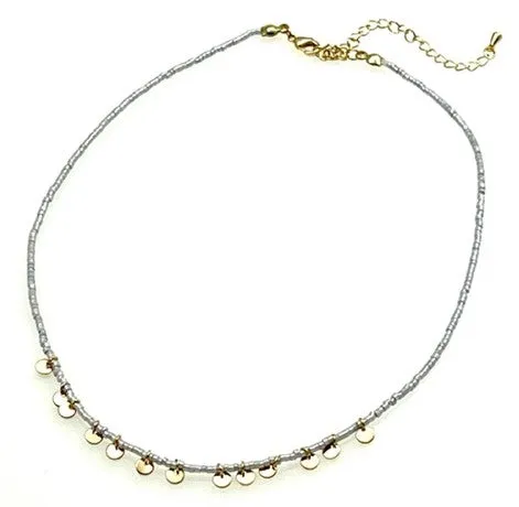 Beaded Necklace with Gold Sequins - Gray beads